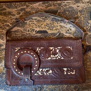 Beautiful hand tooled 1960's Aztec western purse bag